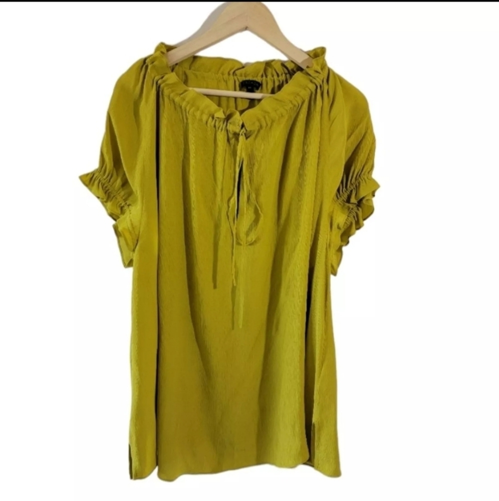 ESCADA Women's Silk Blend Ruffle Top Sz 44/L Yellow Mustard Crepe Peasant Praire